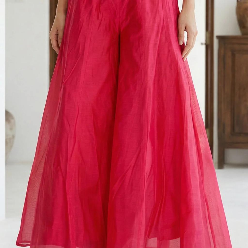 Fuchsia Solid Chanderi Wide Leg Flared Ankle Length Culottes