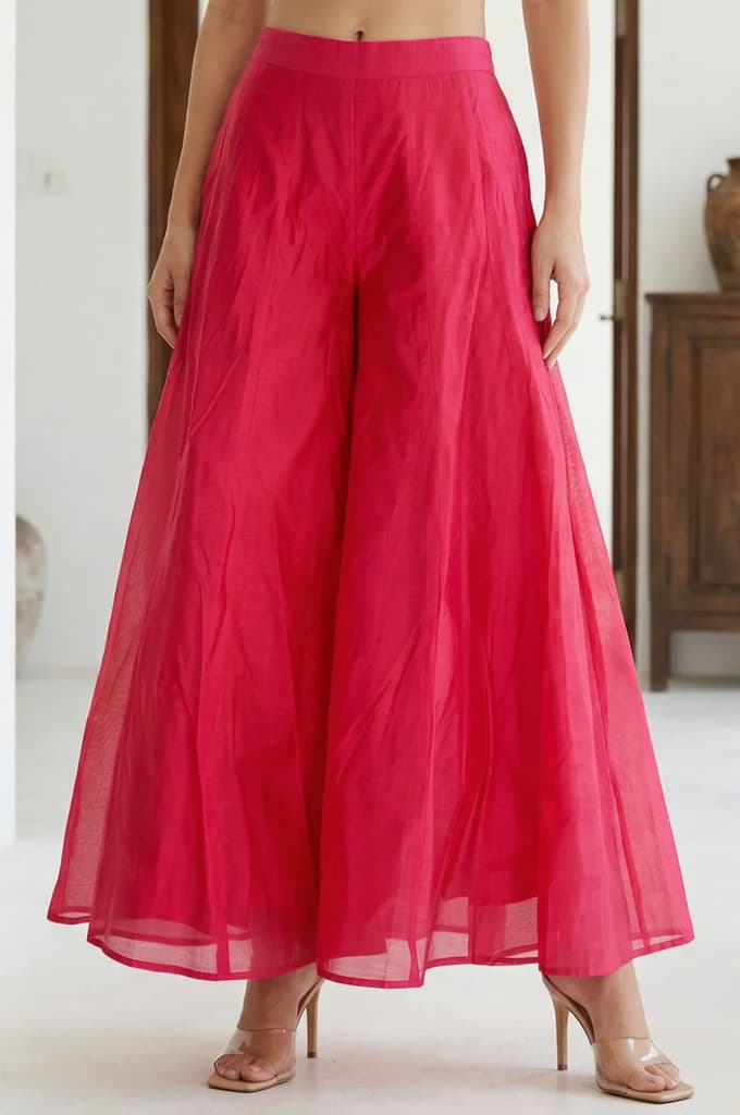 Fuchsia Solid Chanderi Wide Leg Flared Ankle Length Culottes