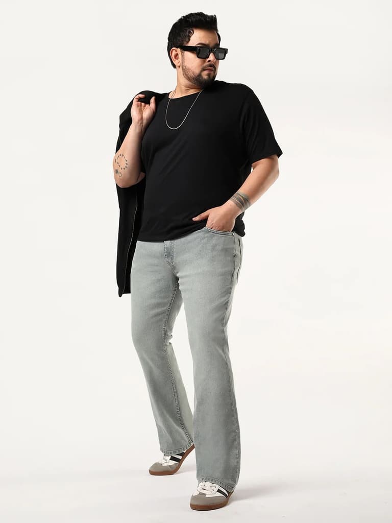 Plus Men's Light Grey Bootcut Fit Mid Rise Tinted Heavy Washed Jeans Stretchable — photo 4