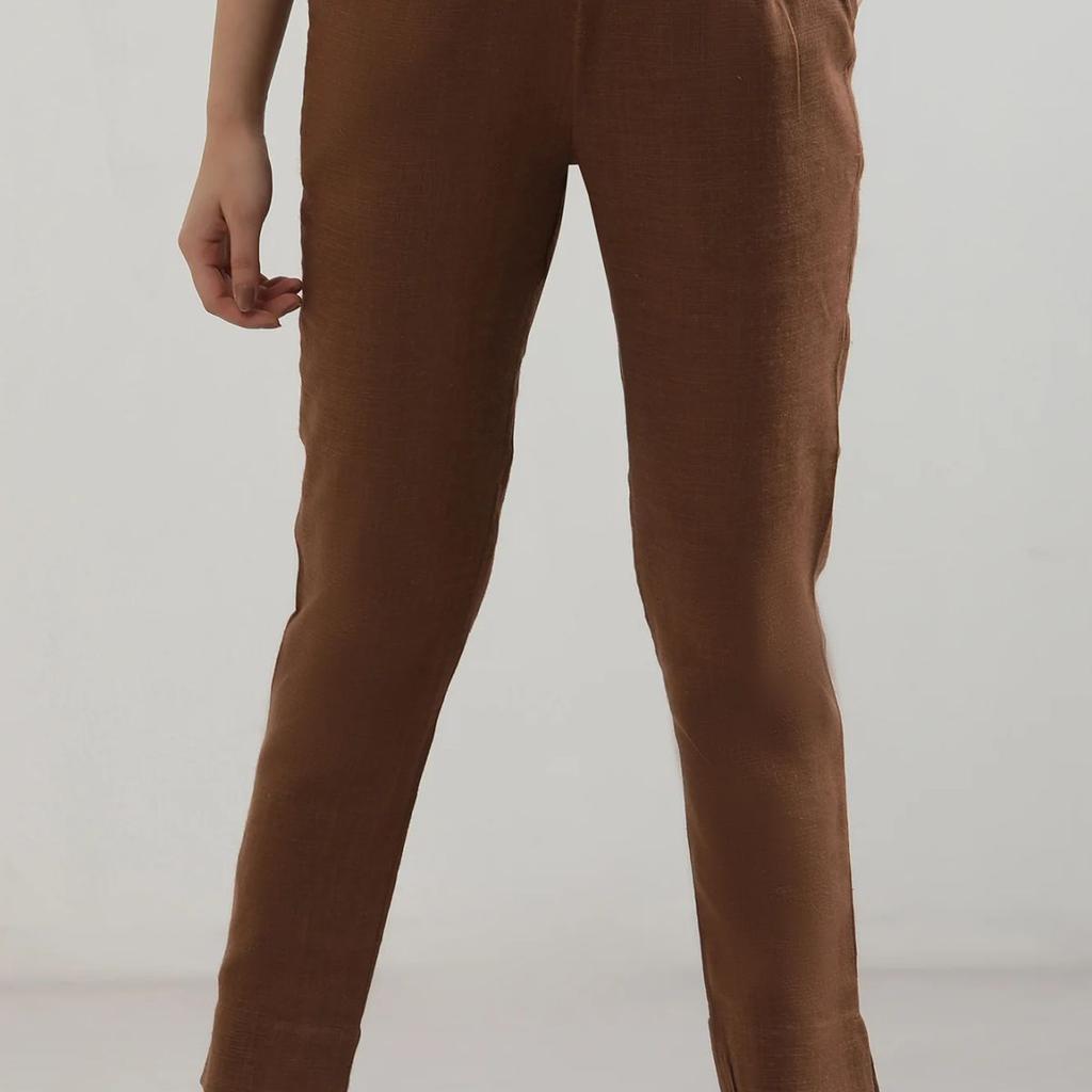 Brown Solid Straight Fit Cotton Pants