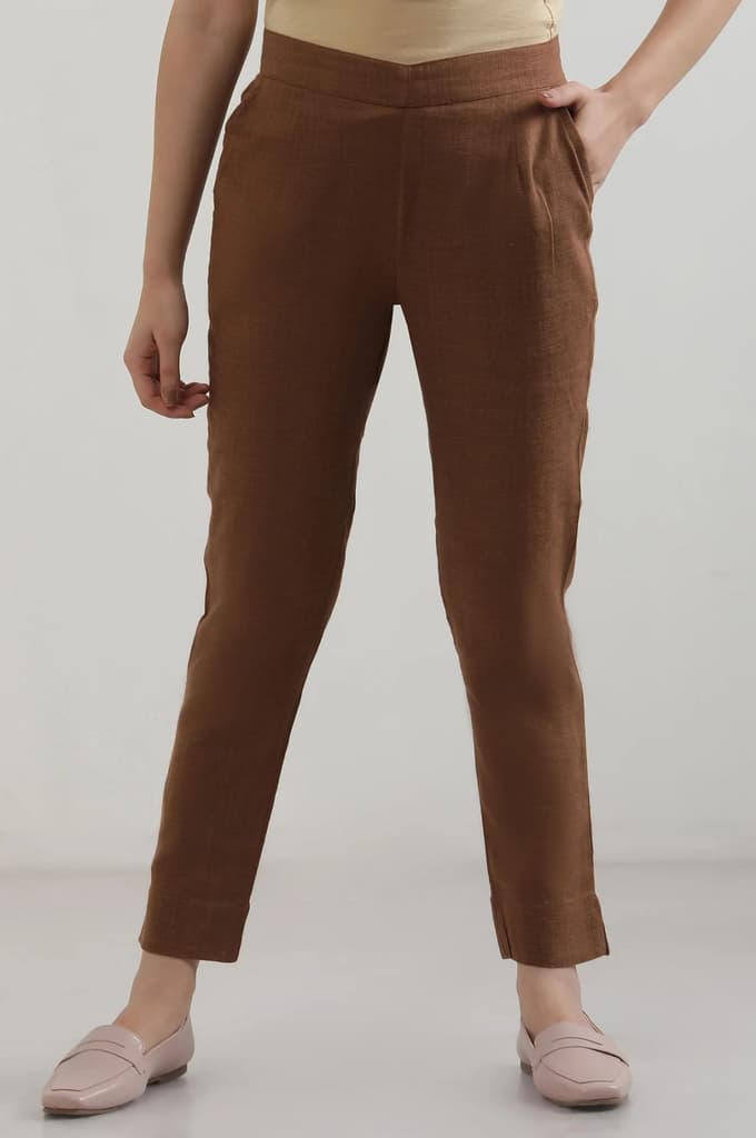Brown Solid Straight Fit Cotton Pants