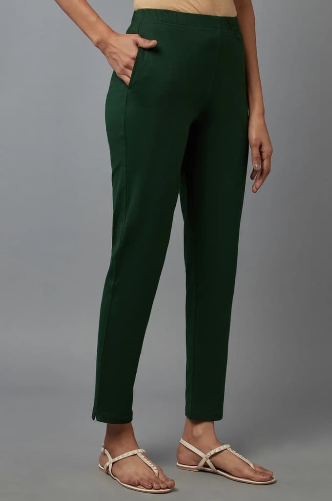 Dark Green Solid Flared Cotton Pants With Elasticated Waist — photo 4