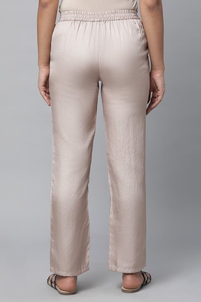 Gold Solid Straight Fit Satin Pants With Elasticated Waist — photo 2