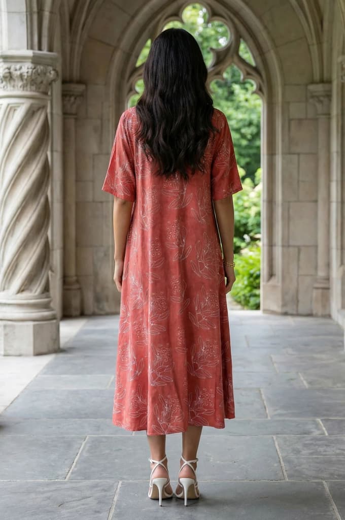 Rust Floral Printed Rayon A-line Dress — photo 5