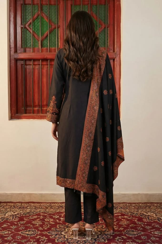 Black Ethnic Motifs Jacquard Straight Kurta with Pants and Dupatta Set — photo 4