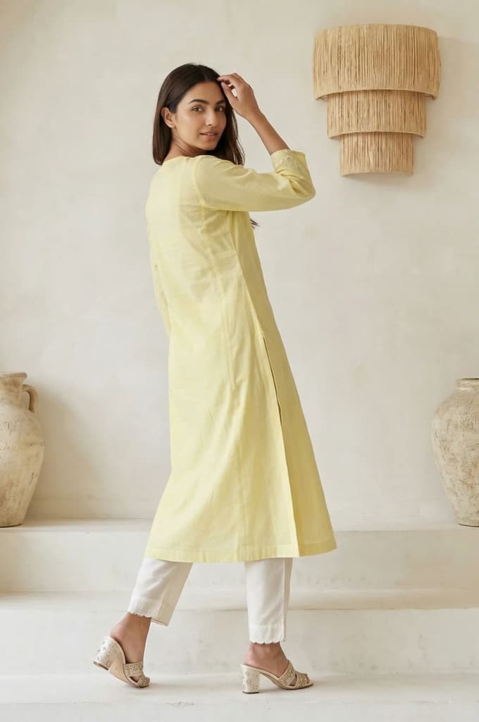 Yellow Chikankari Pure Cotton Straight Kurta — photo 5