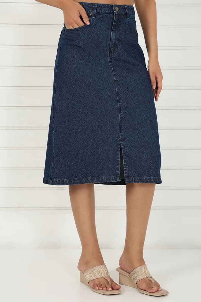 Blue Denim Mid Rise Calf Length Skirt with YKK Zipper — photo 5
