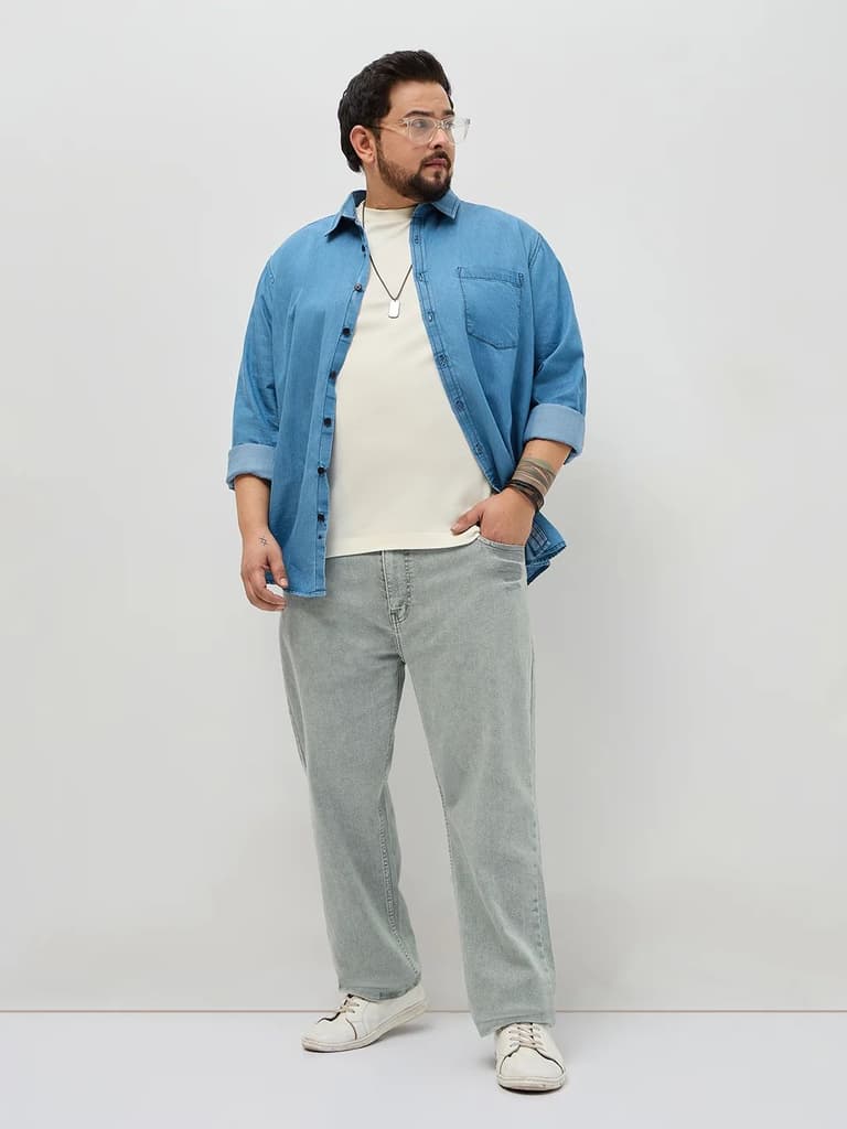 Plus Men's Ice Grey Regular Fit Acid Washed Denim Jeans Stretchable — photo 4