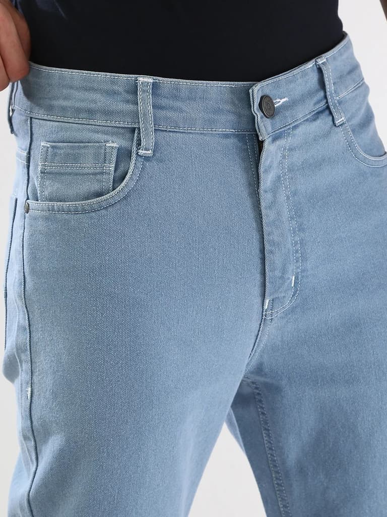 Men's Ice Blue Straight Fit Washed Jeans Stretchable — photo 5