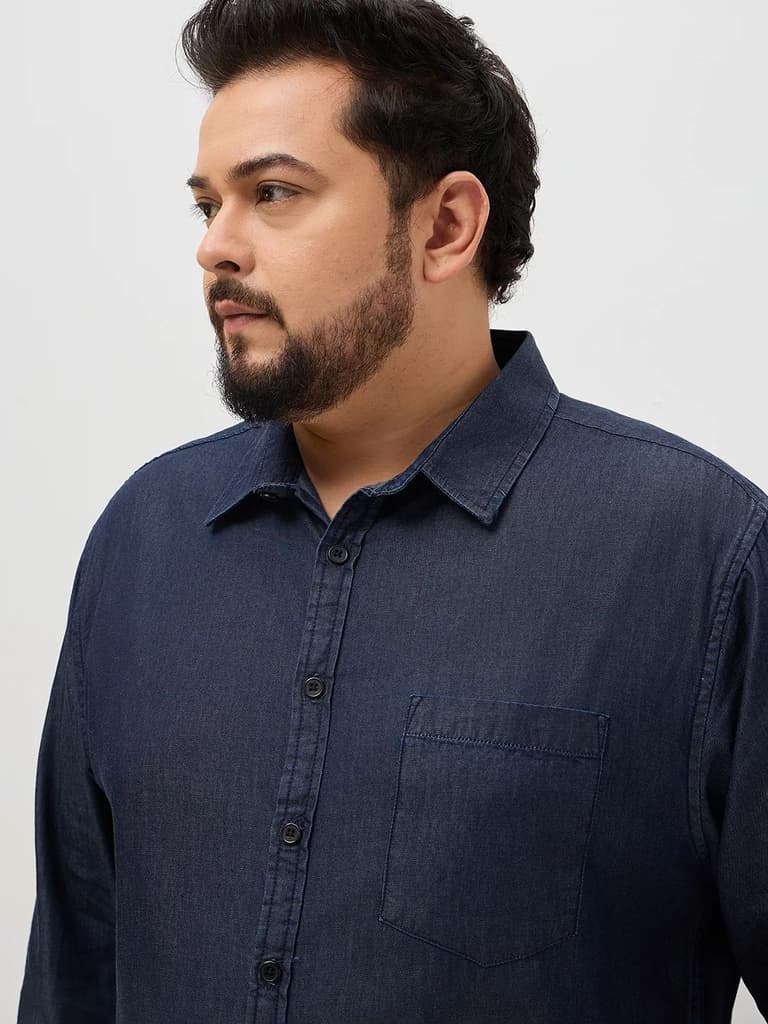 Plus Men's Dark Blue Regular Fit Full Sleeve Solid Denim Shirt — photo 6