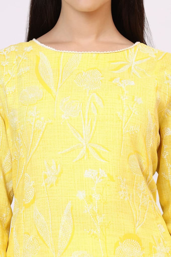 Yellow Floral Printed Rayon A-line Kurta and Pants Set — photo 4