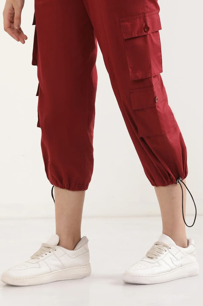 Red Solid Straight Fit Cotton Pants With Drawstring — photo 8