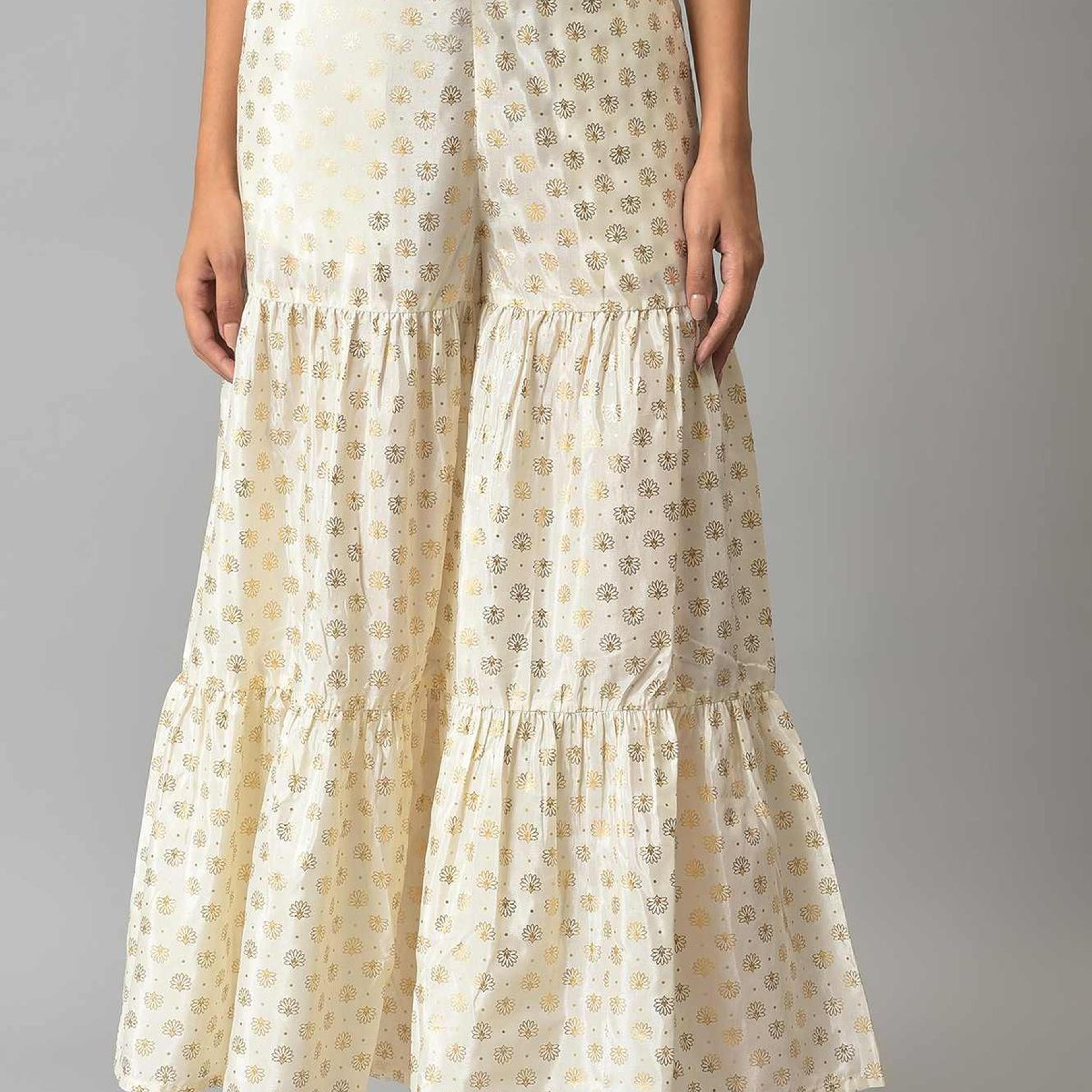 White Floral Printed Flared Silk Palazzo With Elasticated Waist