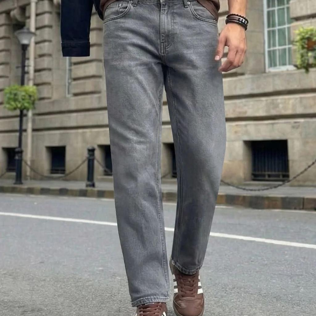 Men's Light Grey Relaxed Fit Washed Denim Jeans Non-Stretchable