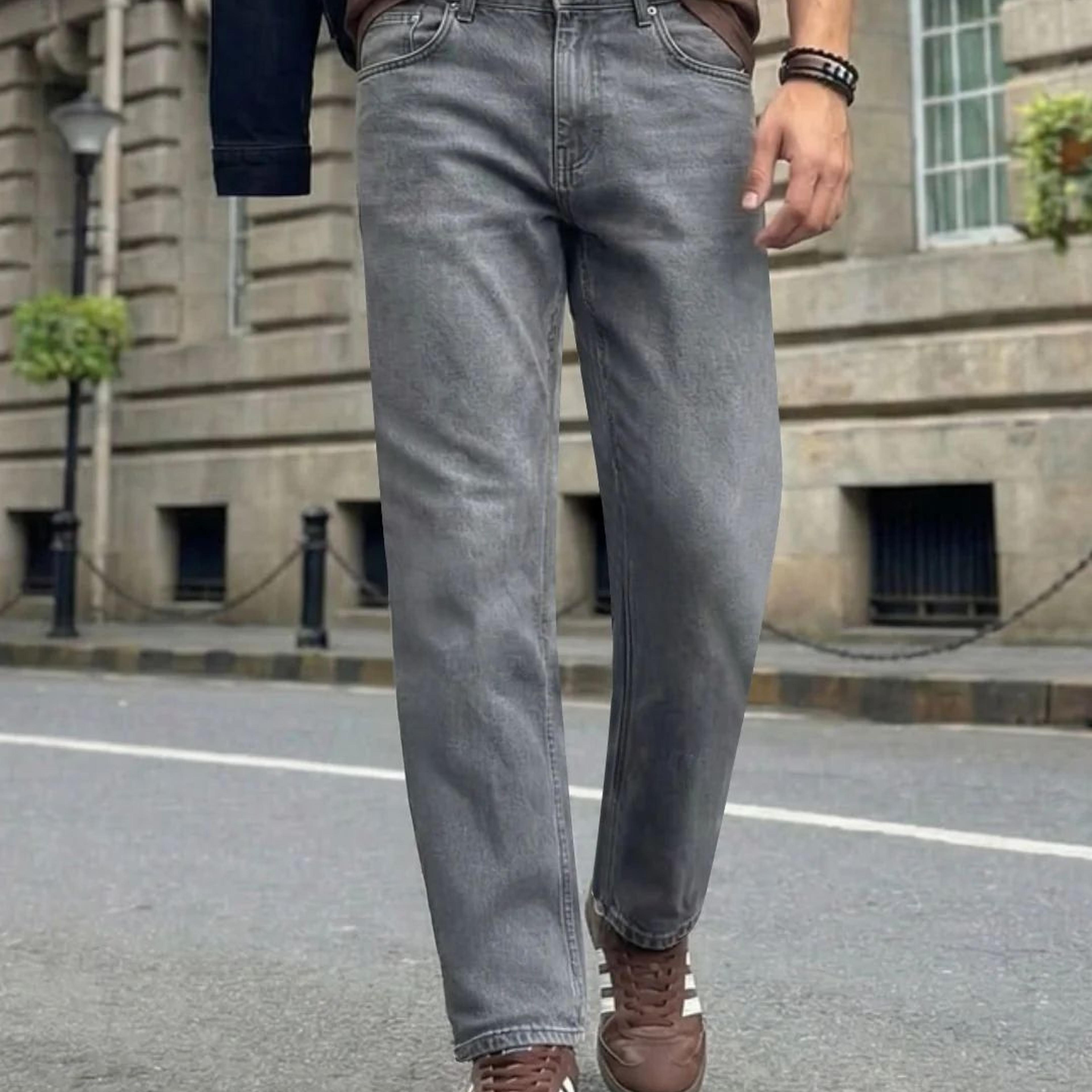 Men's Light Grey Relaxed Fit Washed Denim Jeans Non-Stretchable
