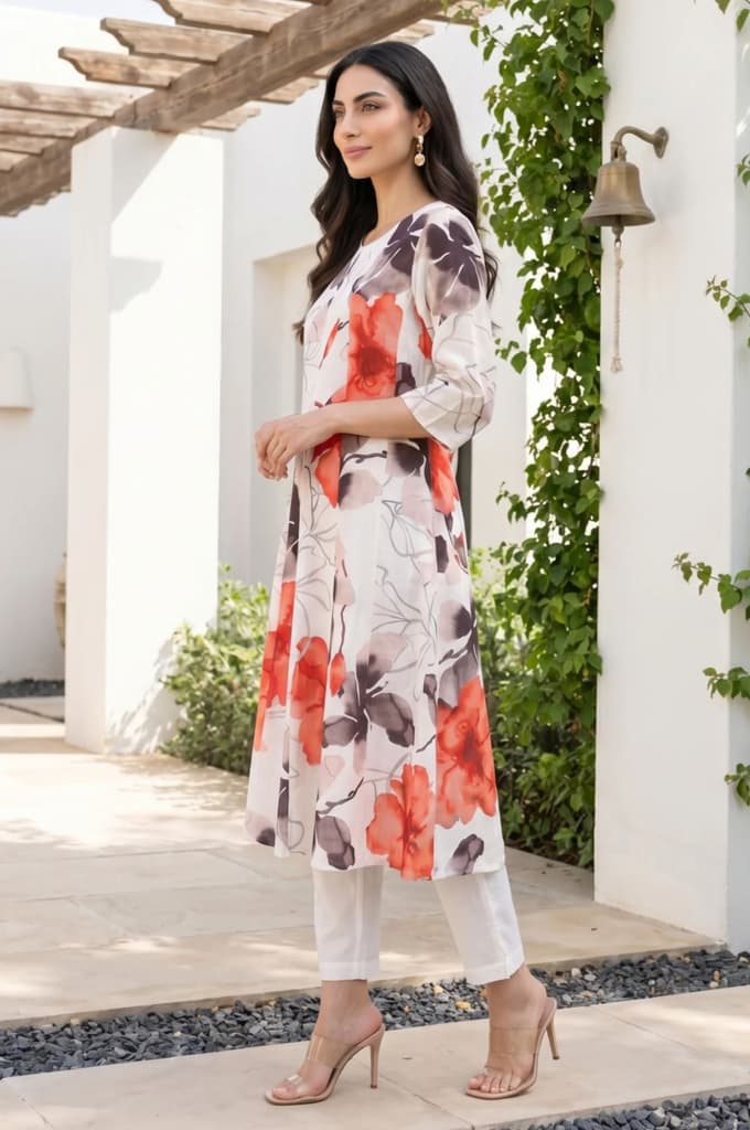 Off White Floral Printed Cotton Flax Flared Kurta — photo 4
