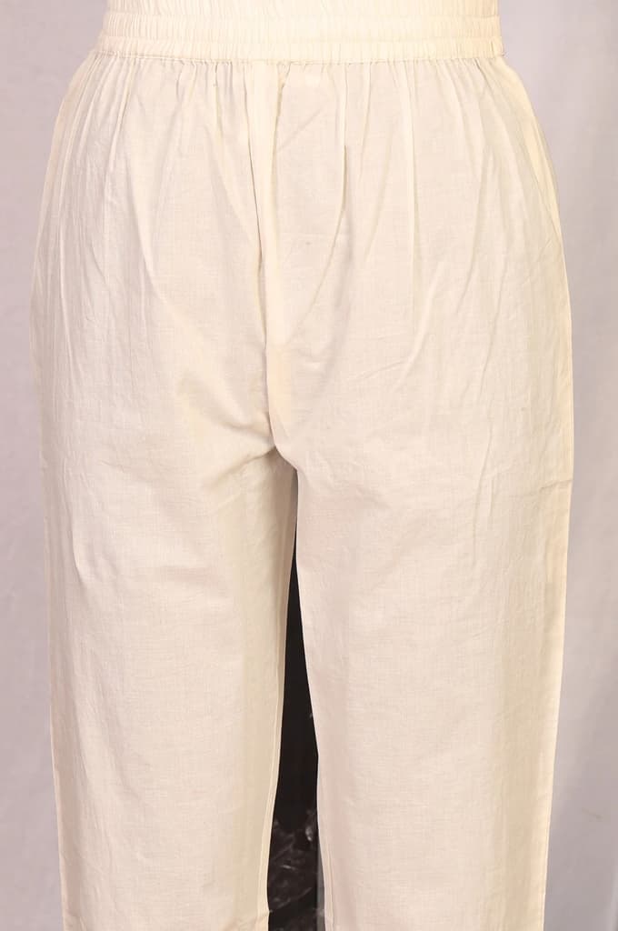 Off White Floral Printed Thread Work Pure Cotton Straight Kurta with Pants Set — photo 6