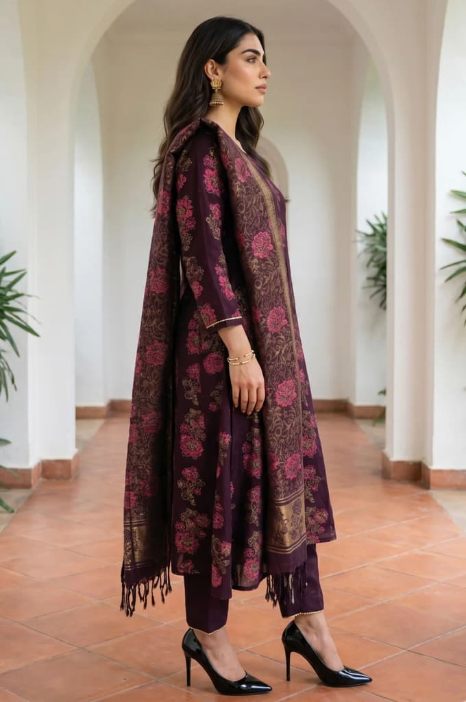 Maroon Lace Trim A-Line Jacquard Kurta with Straight Pant and Dupatta Set — photo 5