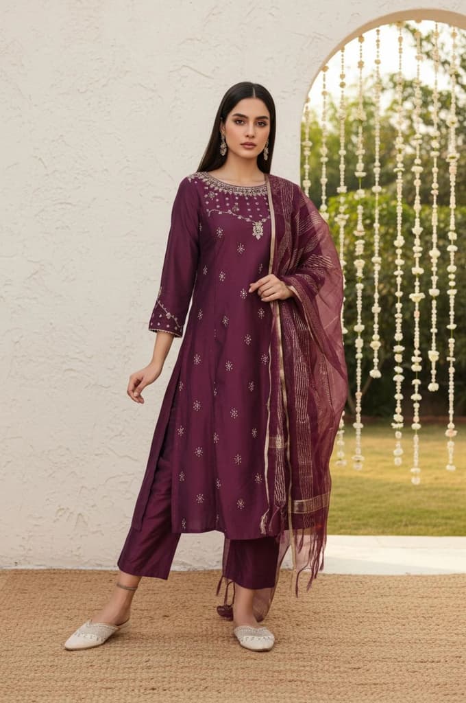 Wine Embroidered Straight Silk Blend Kurta with Straight Pant and Dupatta Set — photo 2