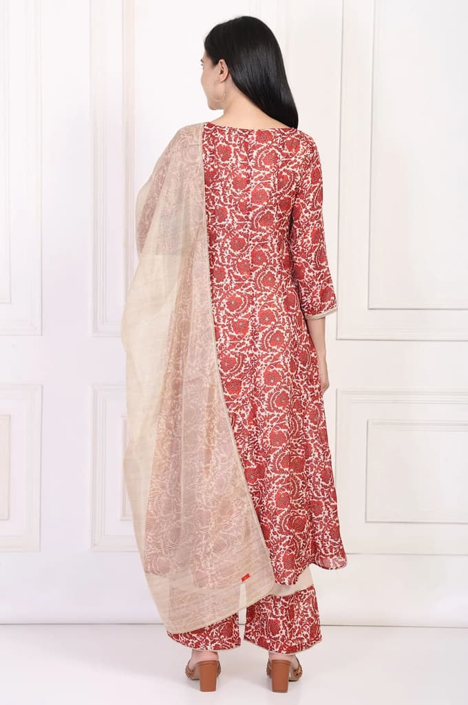 Red Embroidered Anarkali Kurta with Flared Pant and Dupatta Set — photo 5