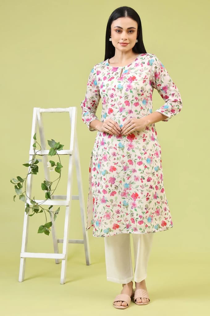 Off-White Straight Kurta in Multi-coloured Floral Print — photo 3