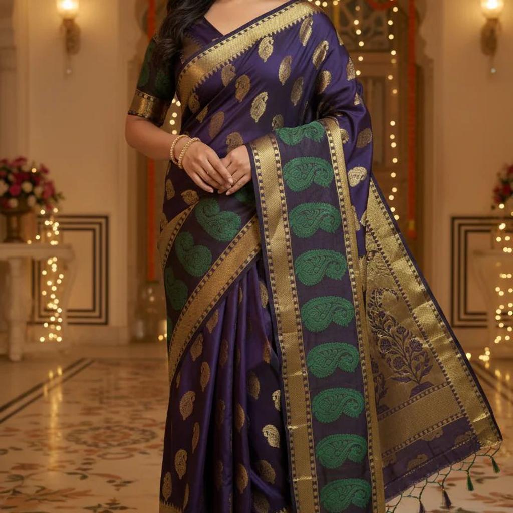 MIMOSA Women's Woven Design Kanjivaram Style Art Silk Saree with Blouse Piece - Navy ( SA00003149NVFREE )