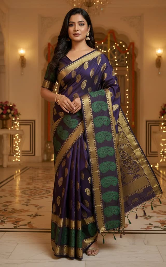 MIMOSA Women's Woven Design Kanjivaram Style Art Silk Saree with Blouse Piece - Navy ( SA00003149NVFREE ) — Default Title