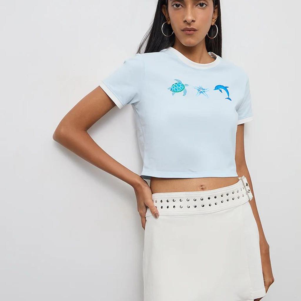 Nuon Light Blue Printed Cotton T-Shirt
