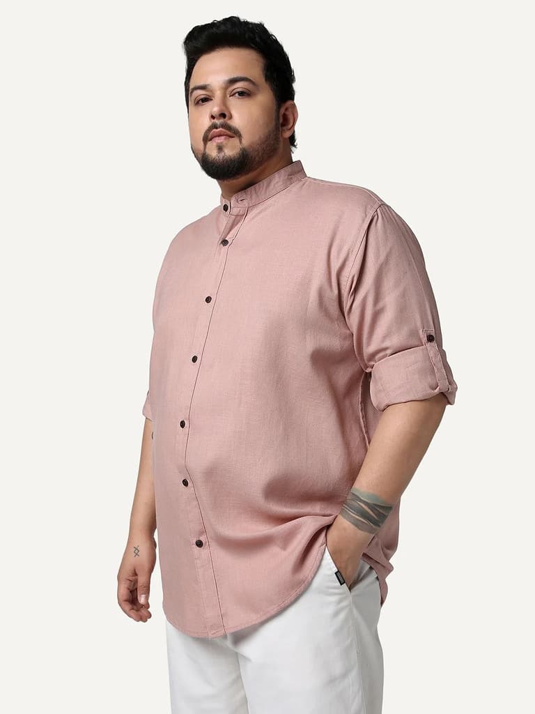 Plus Men's Dusty Pink Linen Blend Full Sleeve Relaxed Fit Mandarin Collar Casual Solid Shirt — photo 2