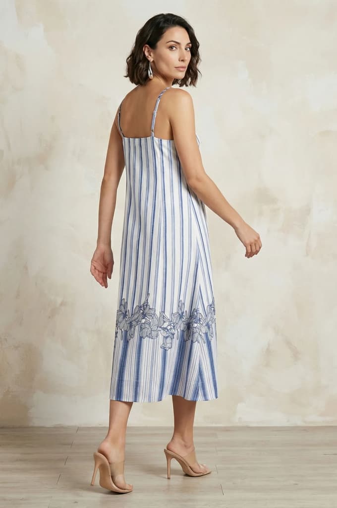 White Striped Floral Printed Noodle Straps Rayon A-line Western Dress — photo 5