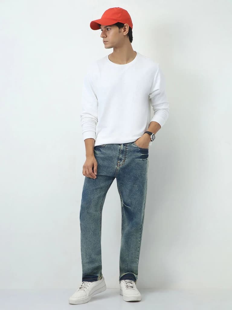 Men's Light Blue Straight Fit Heavy Washed Jeans Stretchable — photo 4