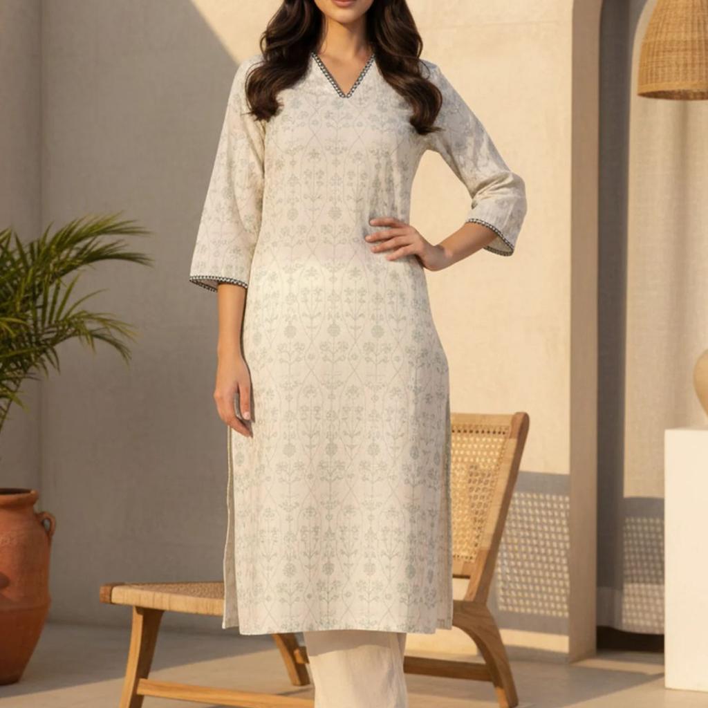 Off White Floral Printed Piping Detail Pure Cotton Straight Kurta