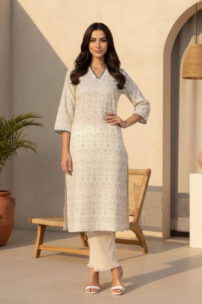 Off White Floral Printed Piping Detail Pure Cotton Straight Kurta