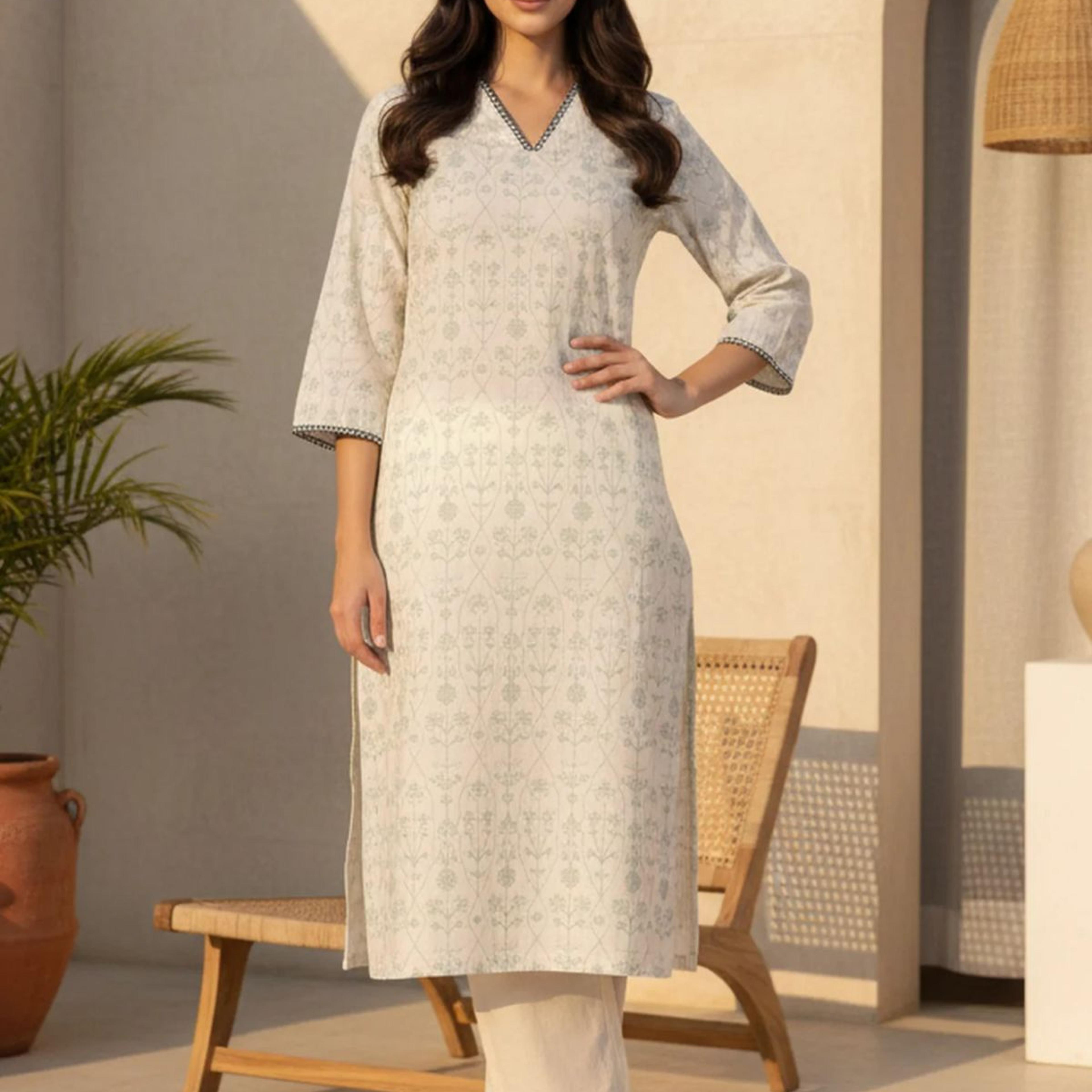 Off White Floral Printed Piping Detail Pure Cotton Straight Kurta