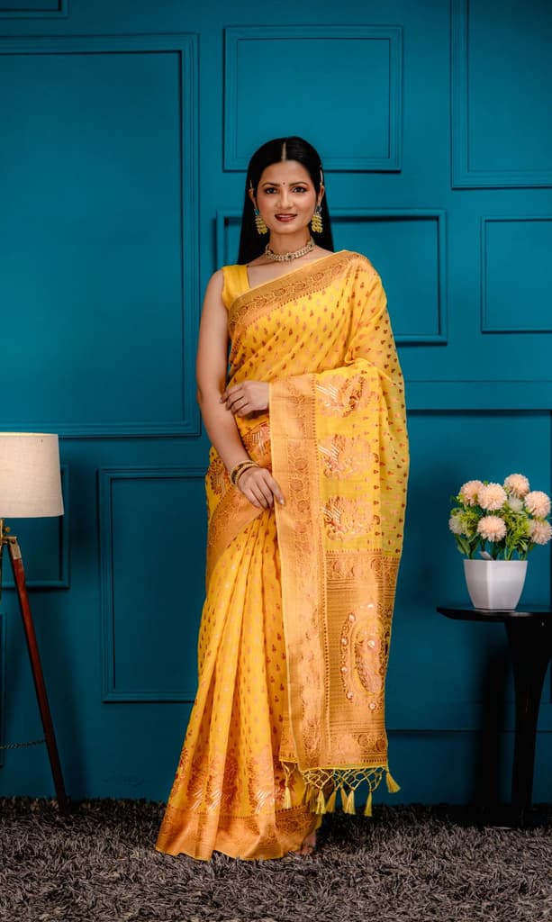 Mimosa Women's Woven Design Banarasi Style Art Silk Saree With Blouse Piece : SA00001809GDFREE — Gold