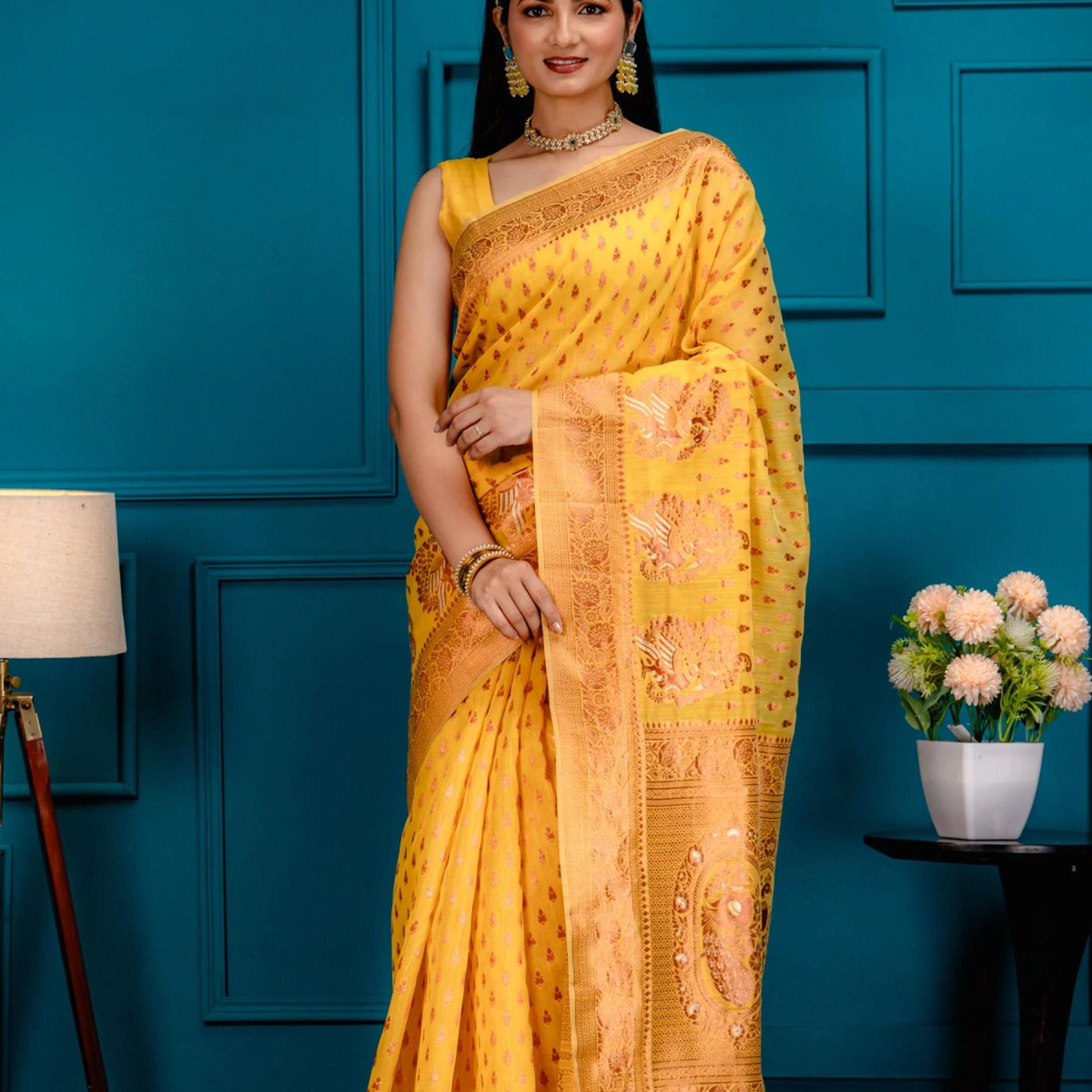 Mimosa Women's Woven Design Banarasi Style Art Silk Saree With Blouse Piece : SA00001809GDFREE
