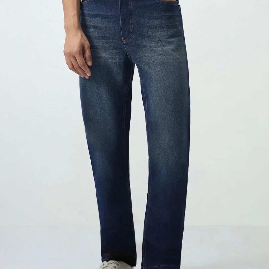 Men's Dark Blue Straight Fit Heavy Washed Jeans Stretchable