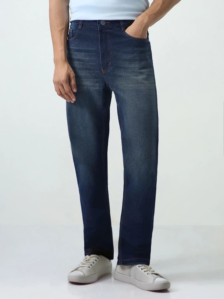 Men's Dark Blue Straight Fit Heavy Washed Jeans Stretchable — 28 / Dark Blue