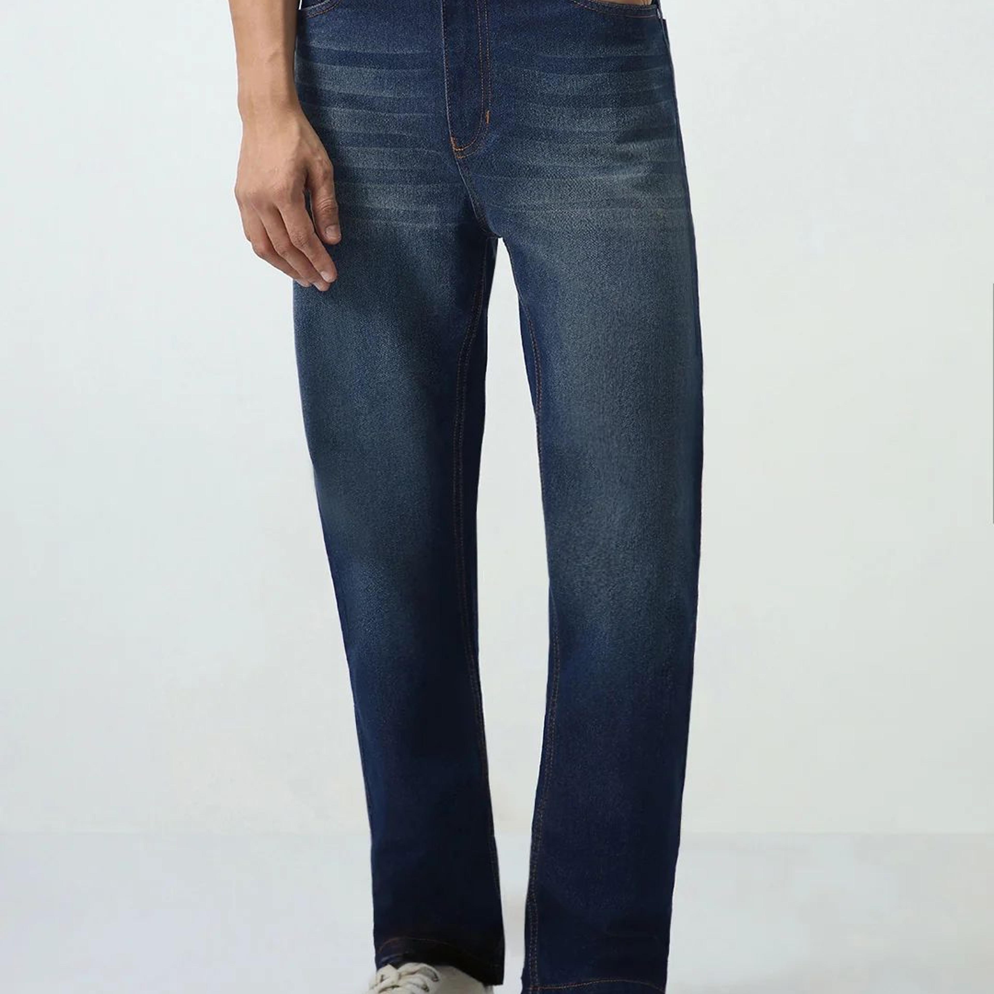 Men's Dark Blue Straight Fit Heavy Washed Jeans Stretchable