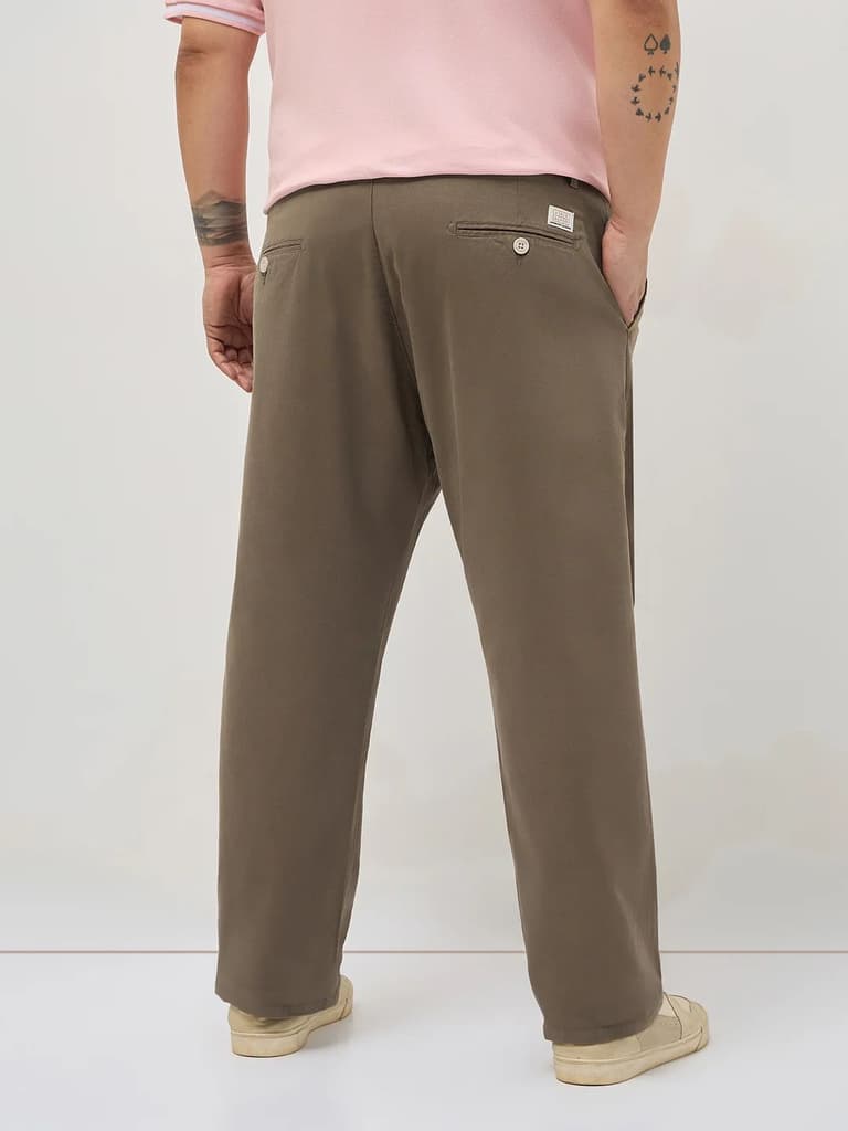 Plus Men's Dark Taupe Straight Fit Mid Rise Cotton Casual Chinos Trousers Stretch — photo 3