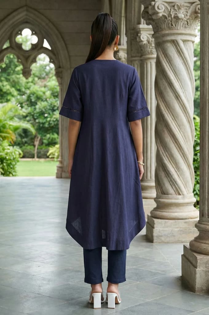 Navy Blue Solid Lace Rayon Flax A-line Kurta — photo 5