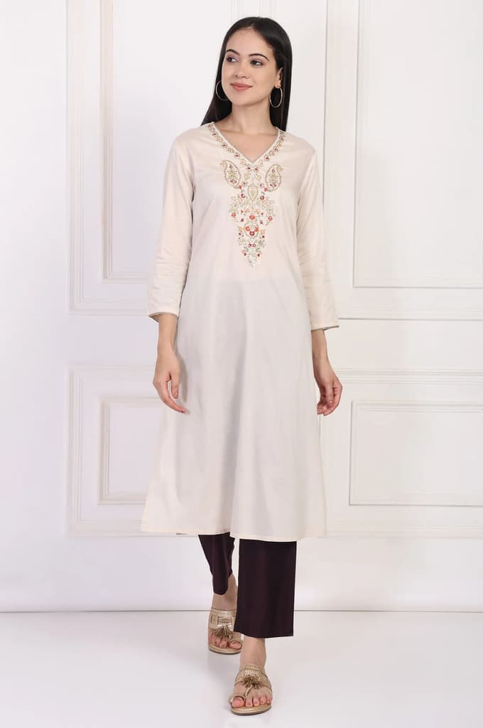 Cream Embroidered A-Line Rayon Kurta — photo 2