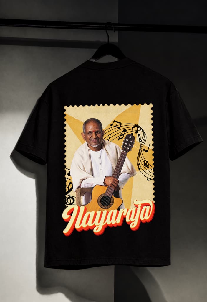 Ilaiyaraaja Music Theme Customized Black Oversized T-Shirt — photo 2