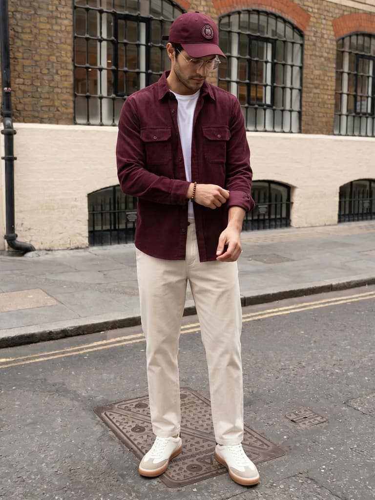 Men's Maroon Corduroy Full Sleeve Regular Fit Solid Overshirt with Utility Pockets — photo 4
