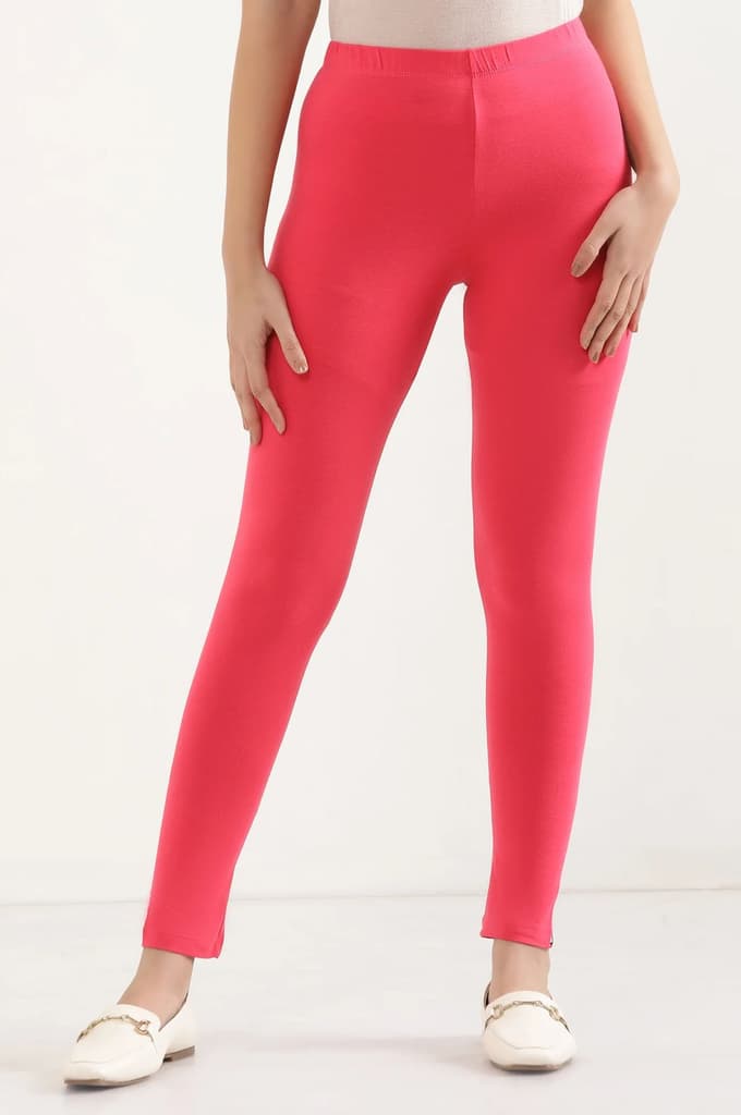 Pink Solid Skinny Fit Cotton Tights With Elasticated Waist