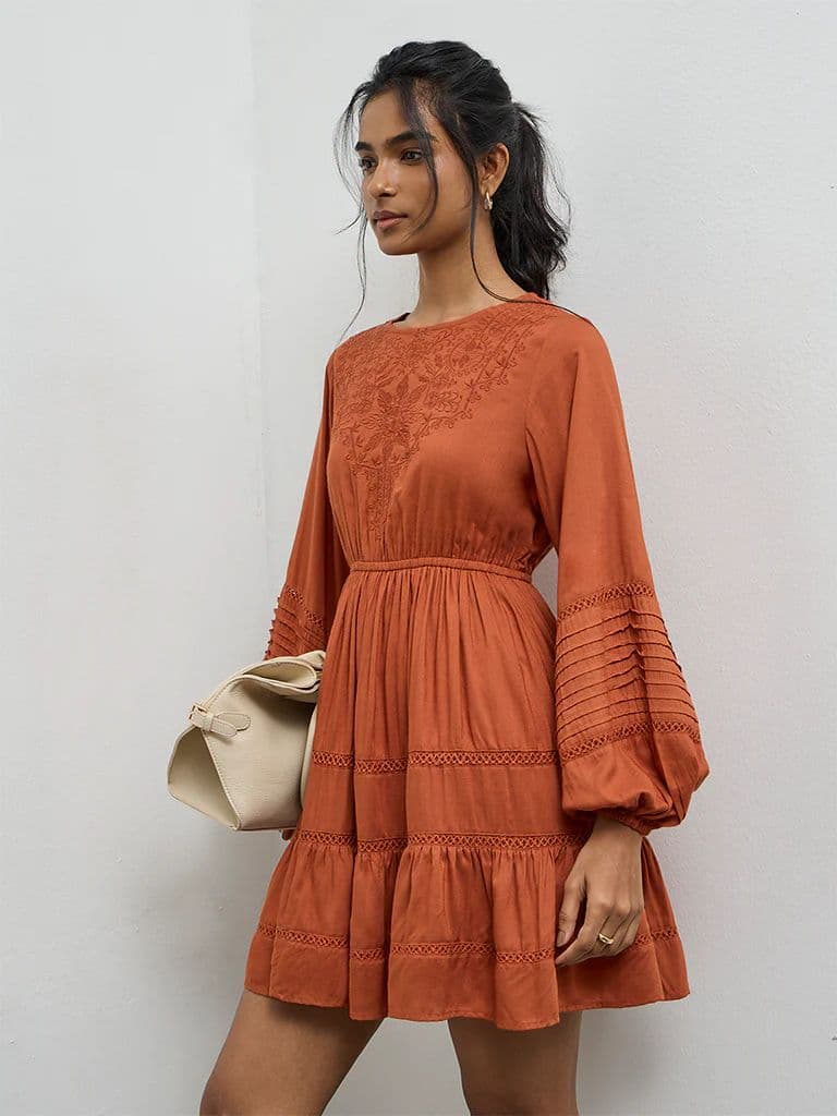 LOV Rust Floral Embroidered Tiered Dress — photo 2