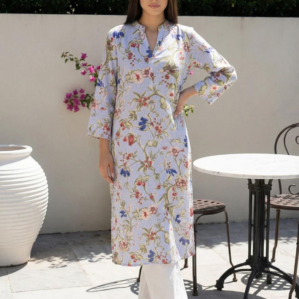 Blue Floral Printed Straight Rayon Kurta