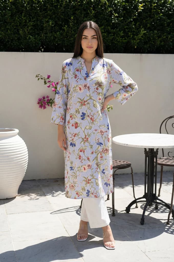 Blue Floral Printed Straight Rayon Kurta — XS