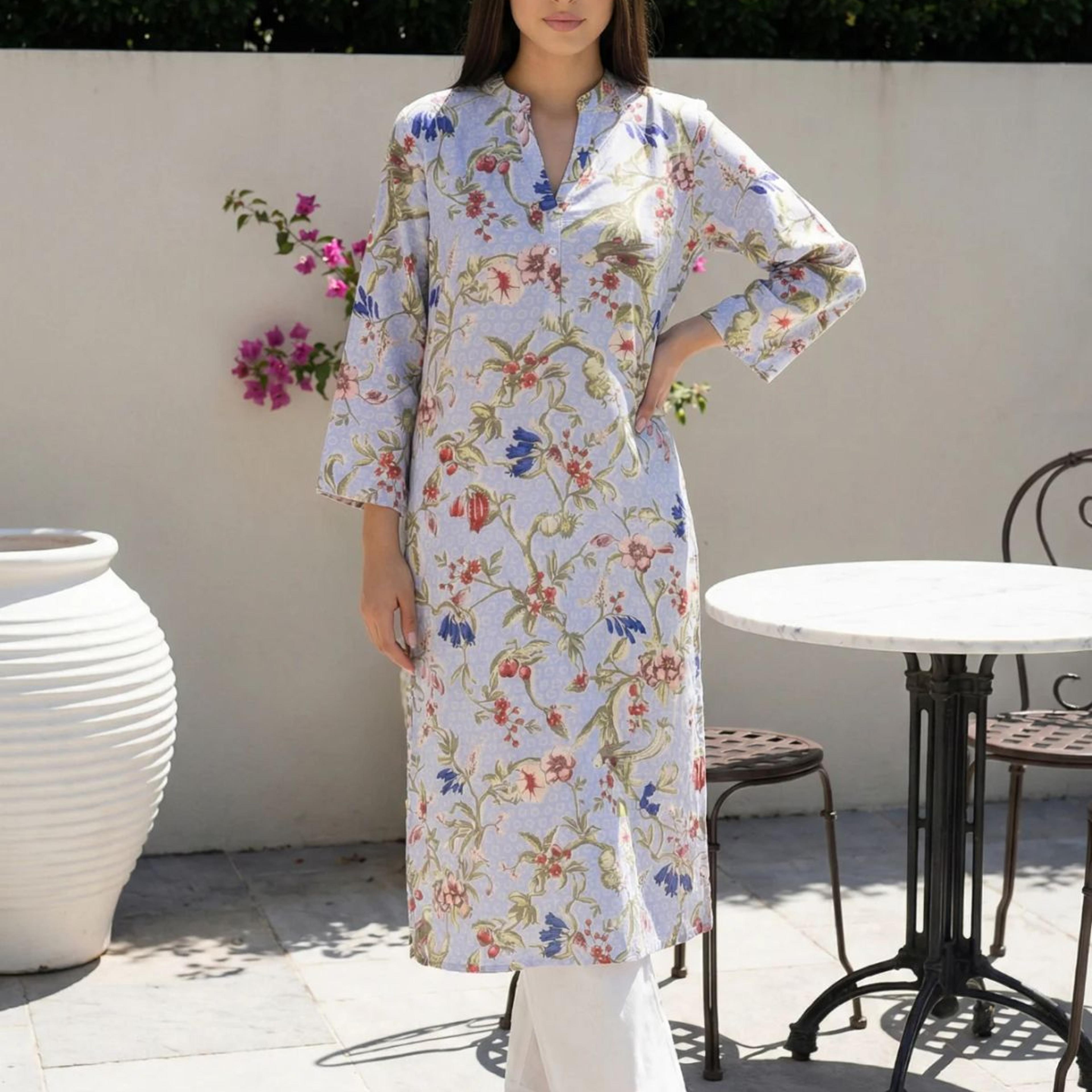 Blue Floral Printed Straight Rayon Kurta