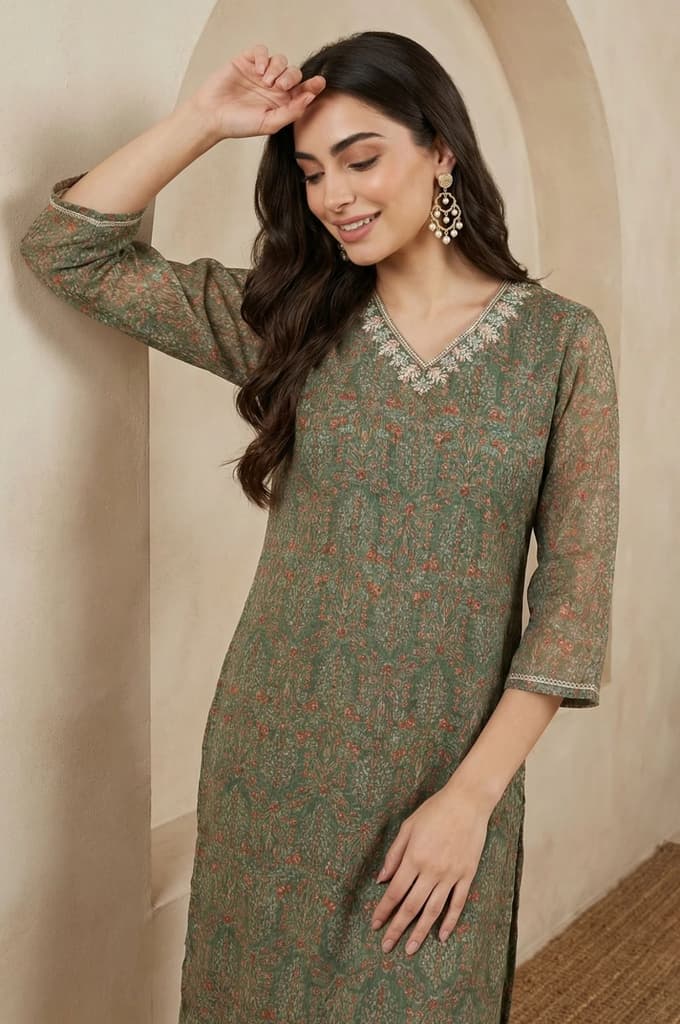 Green Botanical Printed Chiffon Straight Kurta with Sequin — photo 3